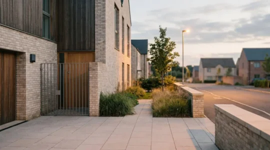 Modern home facade with professional security features demonstrating insurance-approved protection