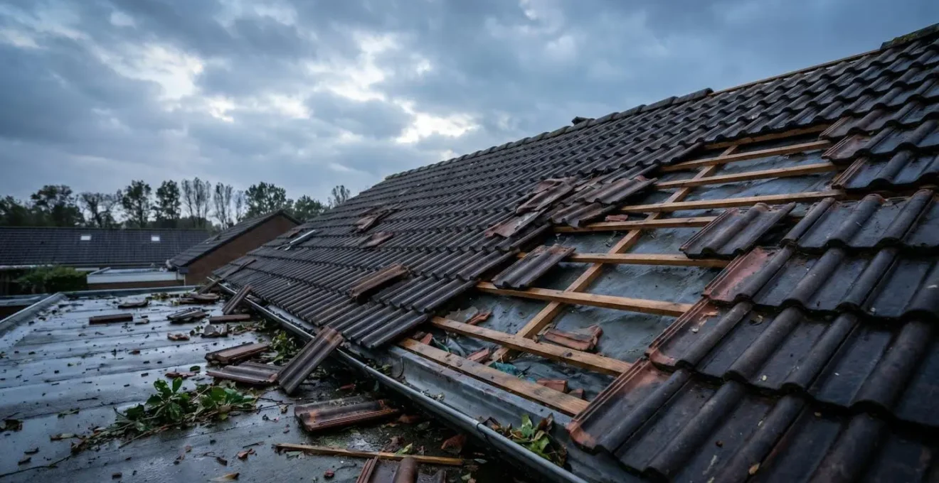 Damaged roof tiles scattered across rooftop after severe wind storm with dramatic stormy sky overhead