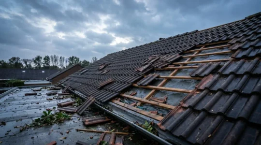 Damaged roof tiles scattered across rooftop after severe wind storm with dramatic stormy sky overhead