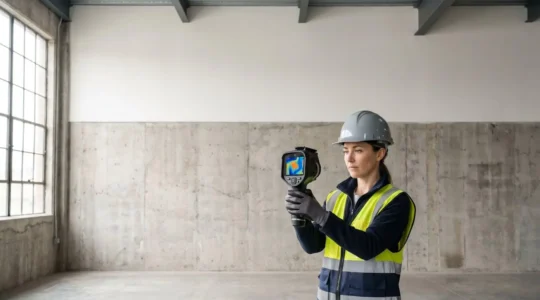 Professional structural engineer conducting detailed forensic leak inspection with precision measurement tools in modern residential property