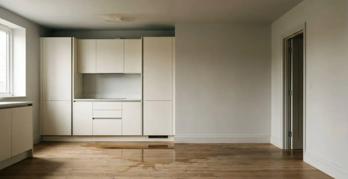 Water pooling beneath kitchen cabinets with visible ceiling damage from above