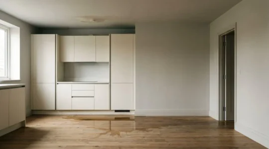 Water pooling beneath kitchen cabinets with visible ceiling damage from above